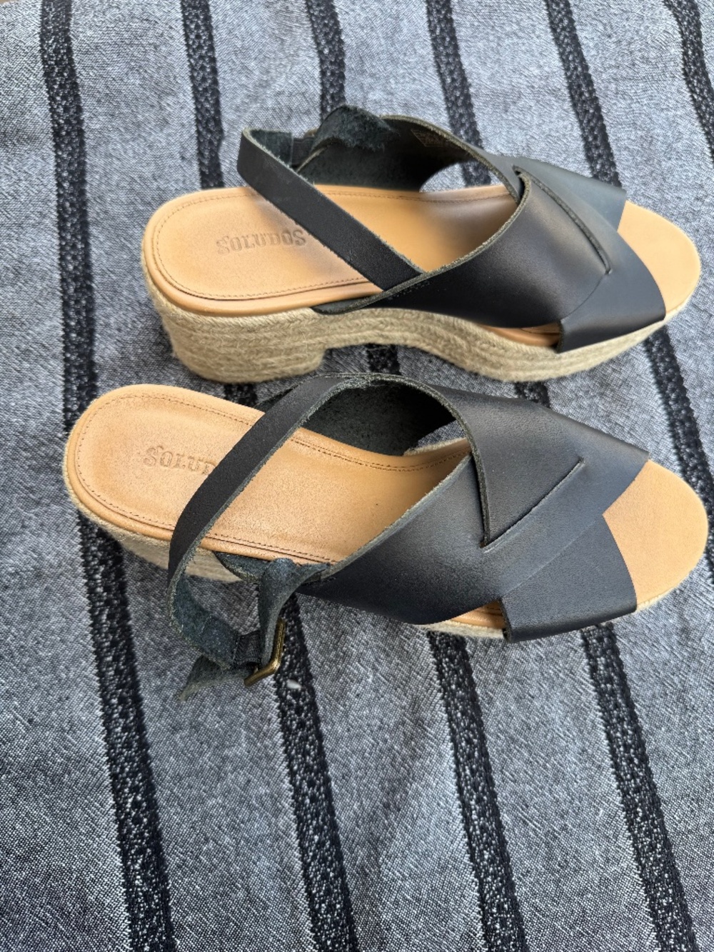 Soludos Amalfi Espadrille Platform Heels - Black Leather - Size 9